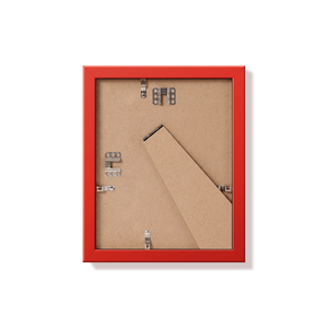 Back of red 8x10 in frame with hanging hardware