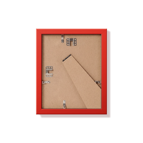 Back of red 8x10 in frame with hanging hardware