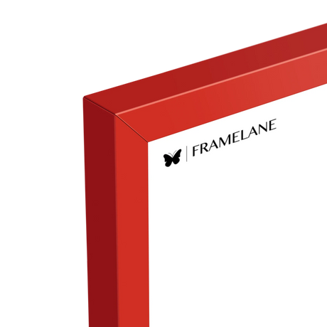 Red frame corner detail showing painted solid wood finish
