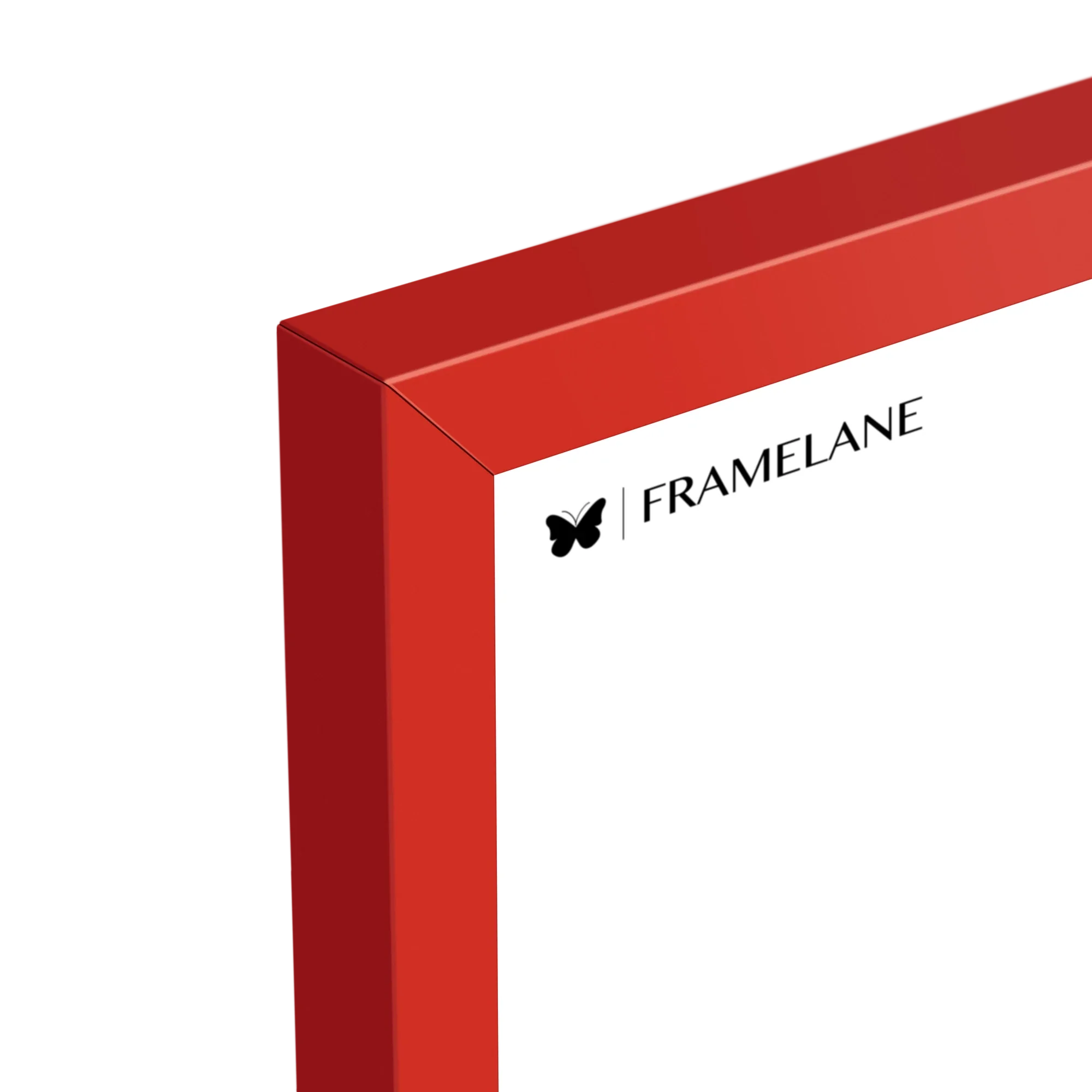 Red frame corner detail showing painted solid wood finish
