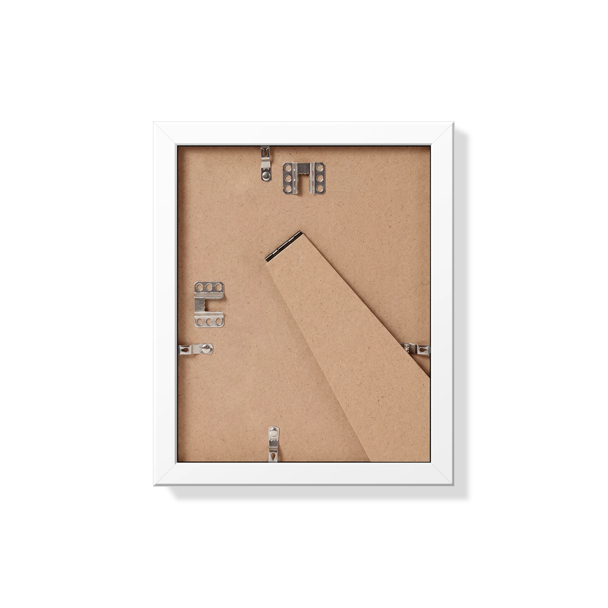 Back of white 8x10 in frame with hanging hardware