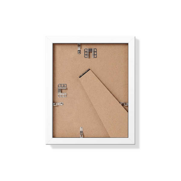 Back of white 8x10 in frame with hanging hardware