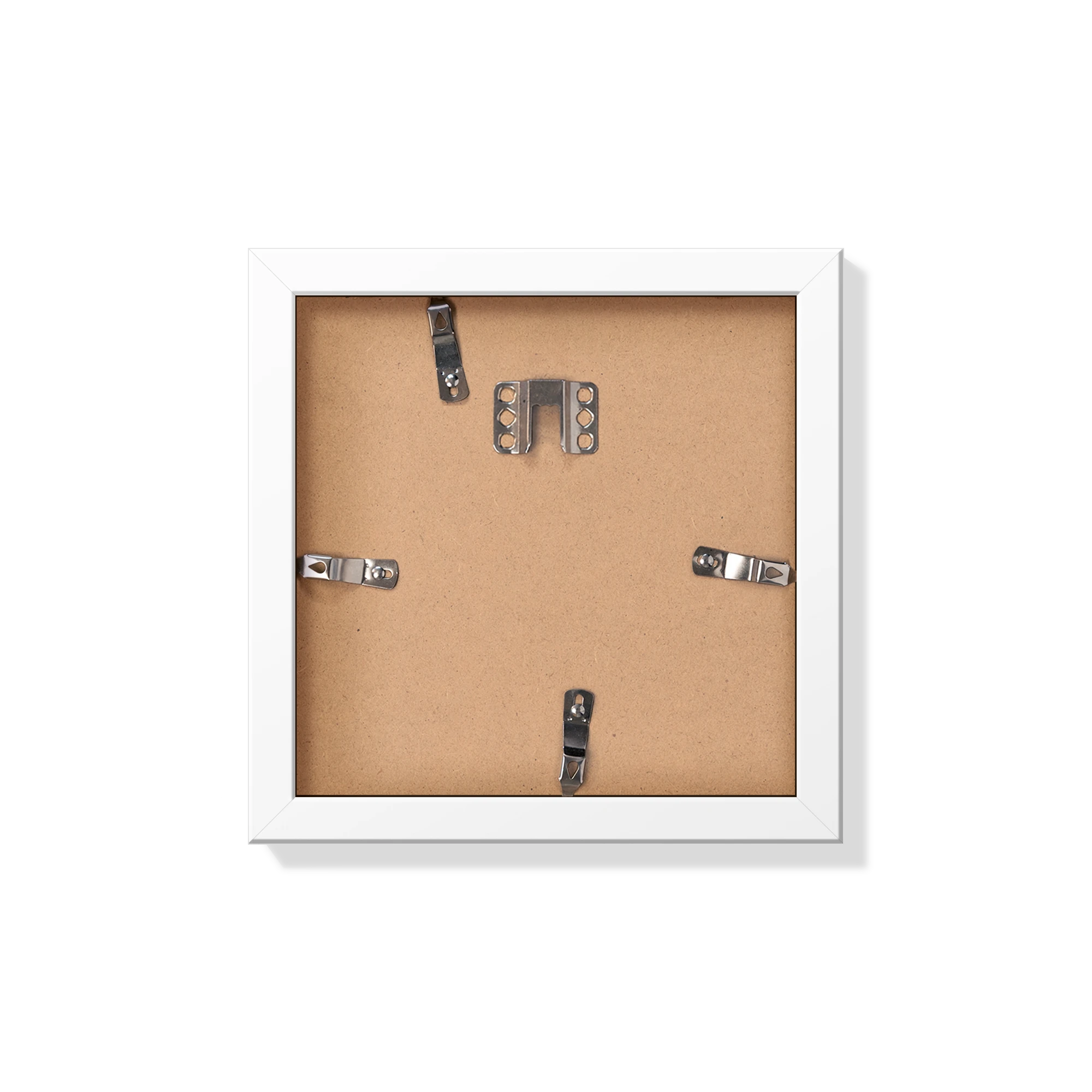 Back of white 8x8 in frame with hanging hardware