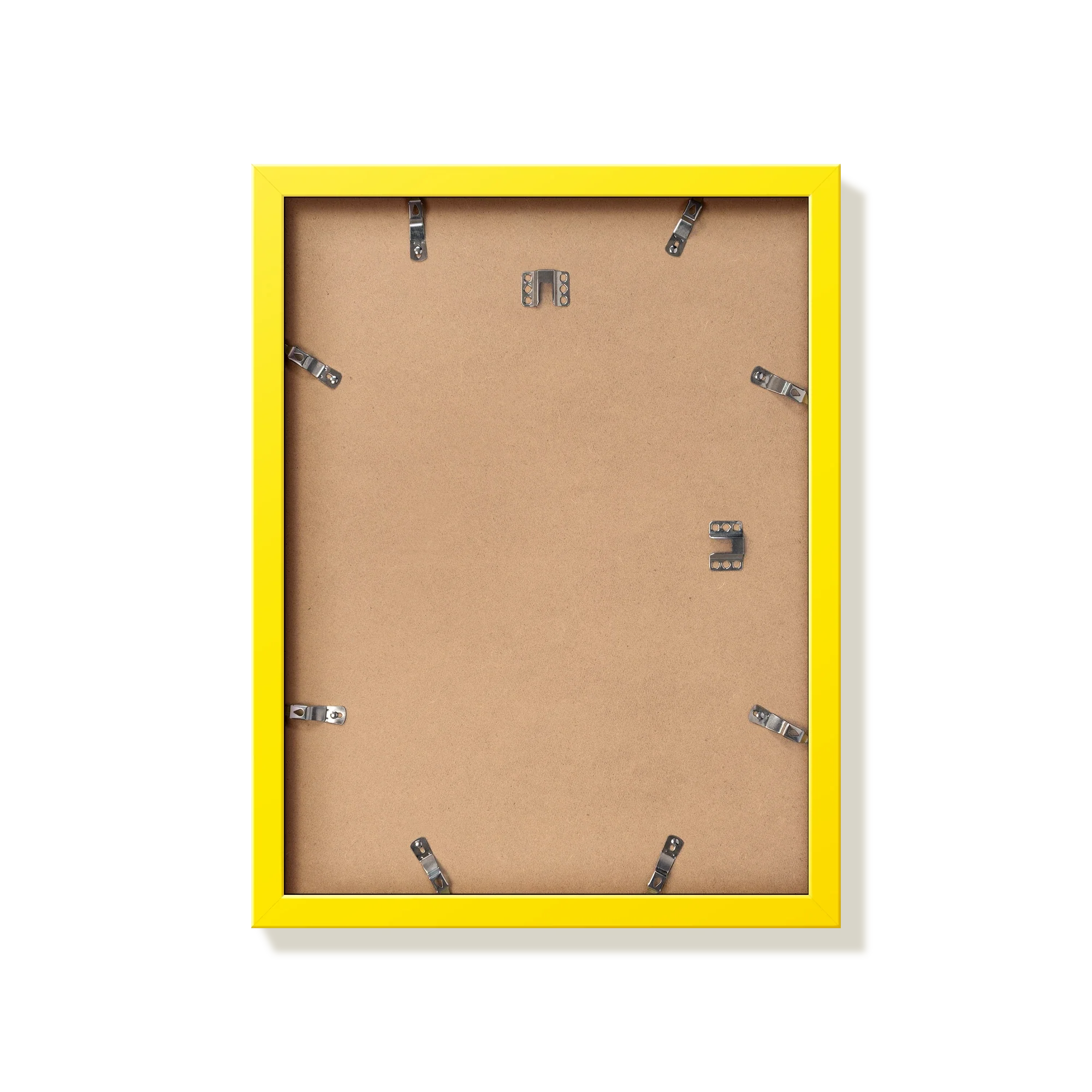Back of yellow 12x16 in picture frame showing the hangers