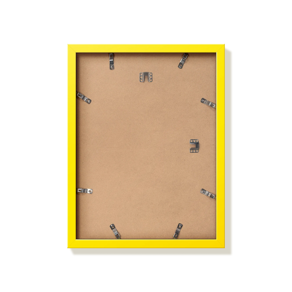 Back of yellow 12x16 in picture frame showing the hangers