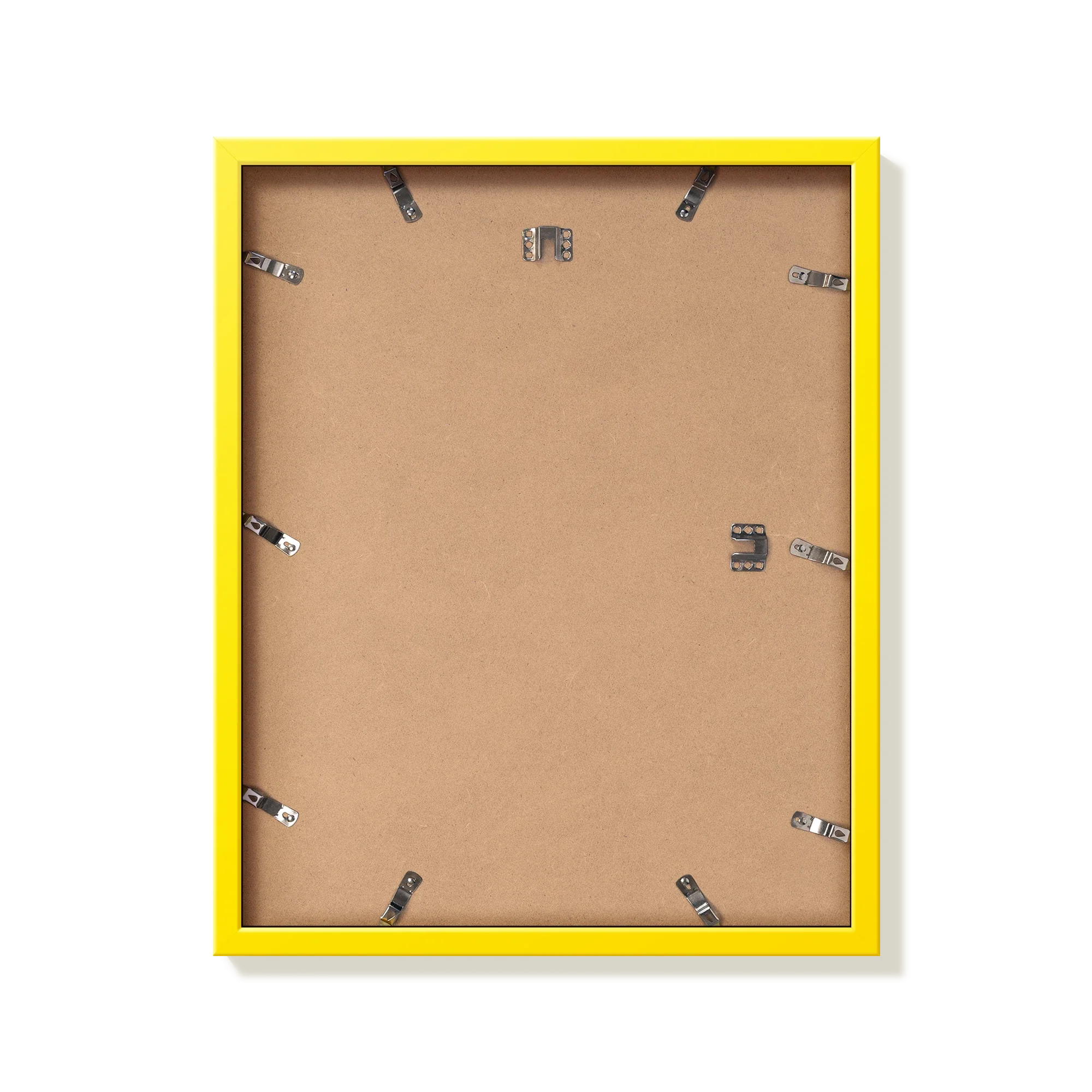 Back of yellow 16x20 in picture frame showing the hangers