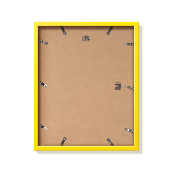 Back of yellow 16x20 in picture frame showing the hangers