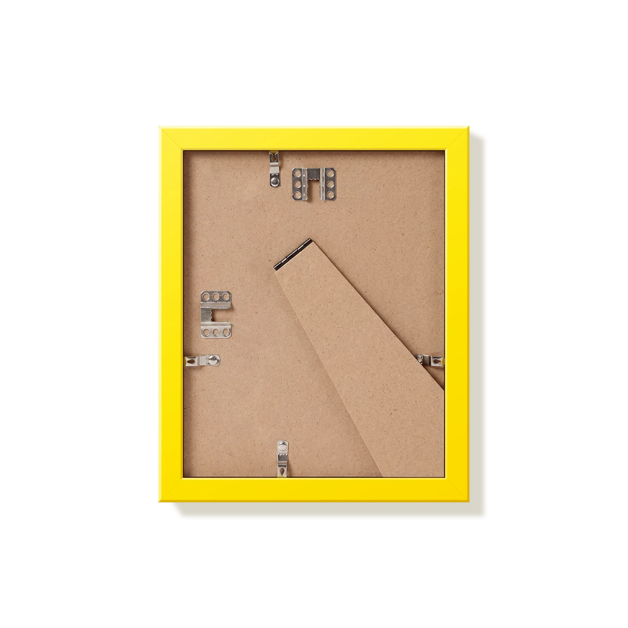 Back of yellow 8x10 in picture frame showing the hangers