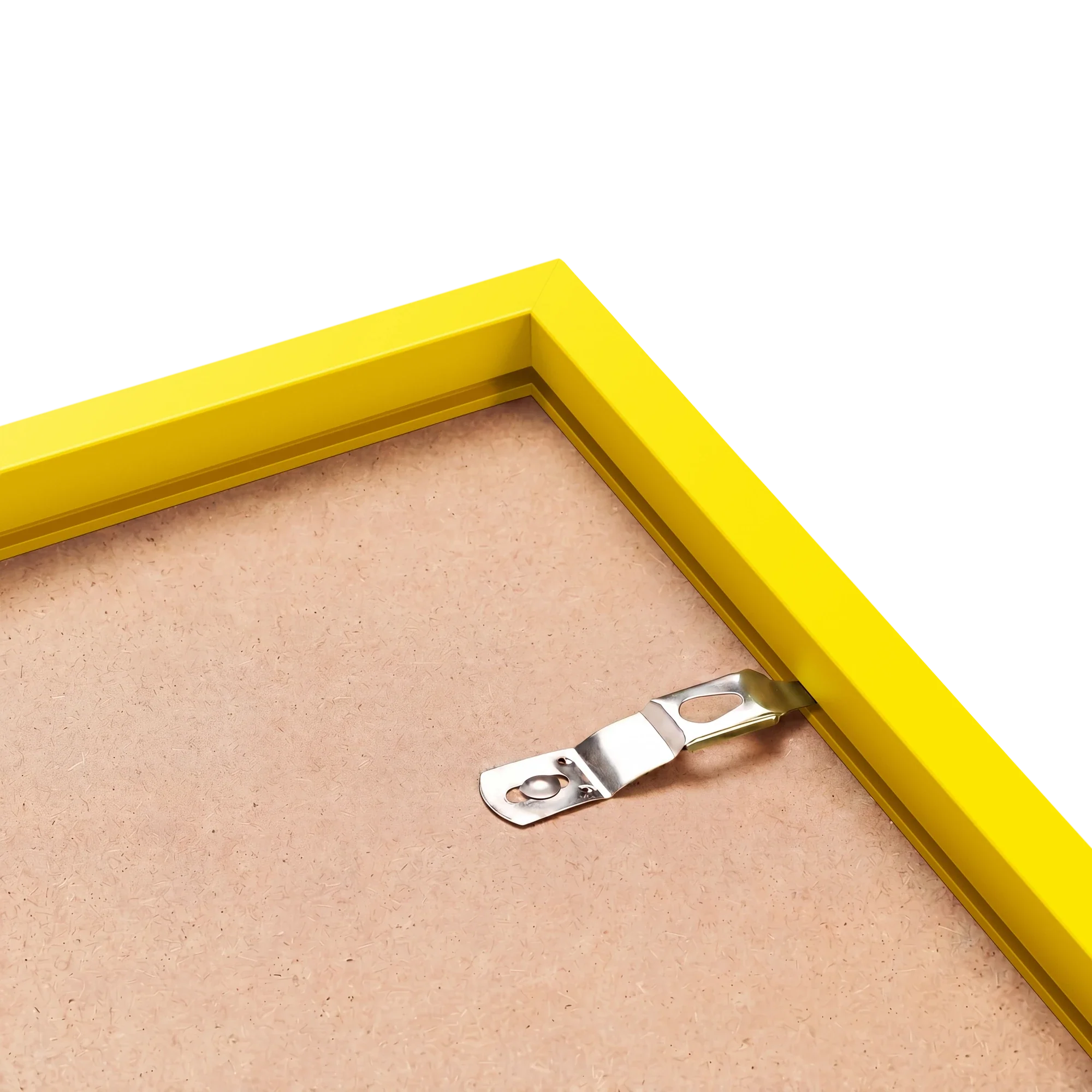 Back corner of a yellow wood picture frame with sawtooth hanger