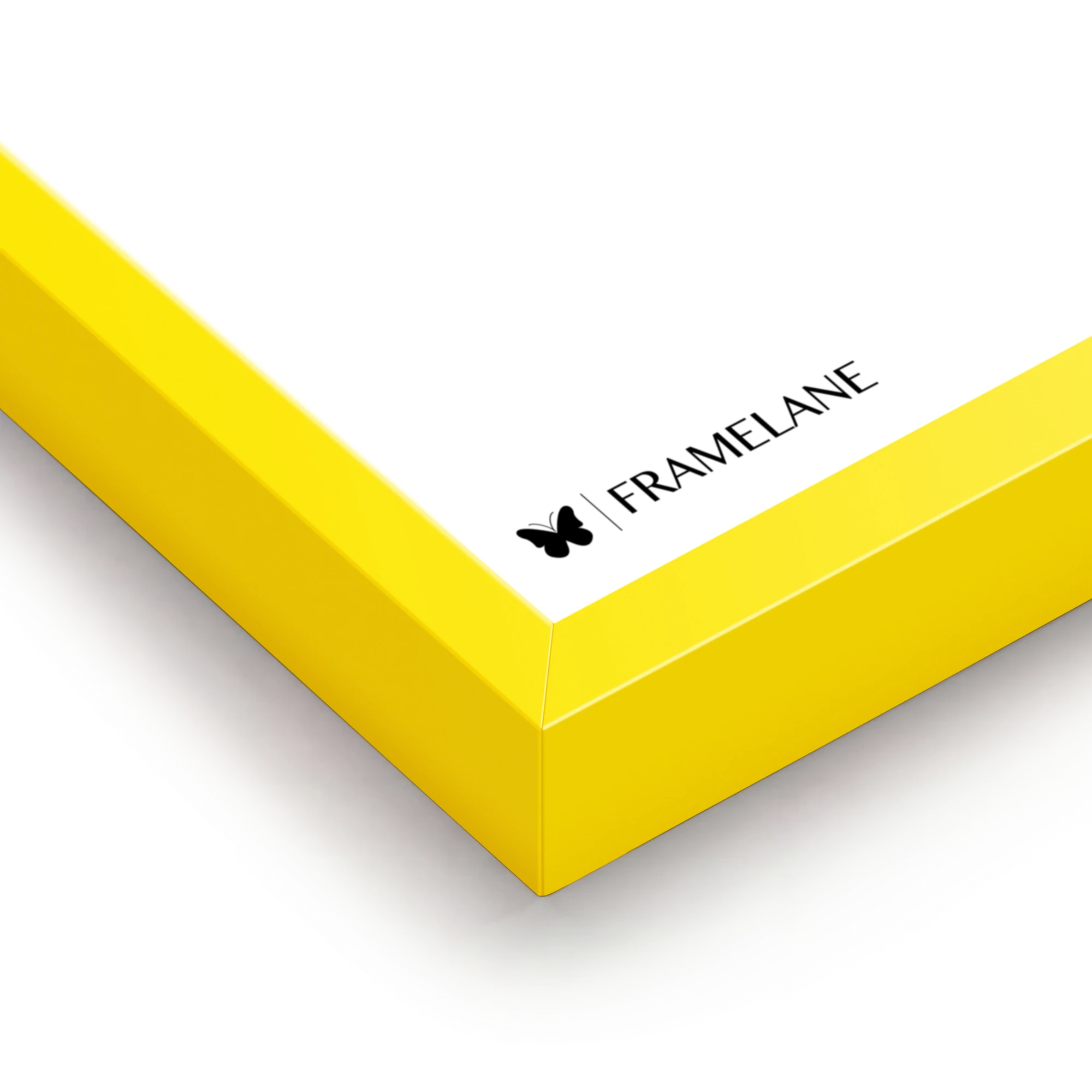 Yellow wood picture frame, bottom corner detail